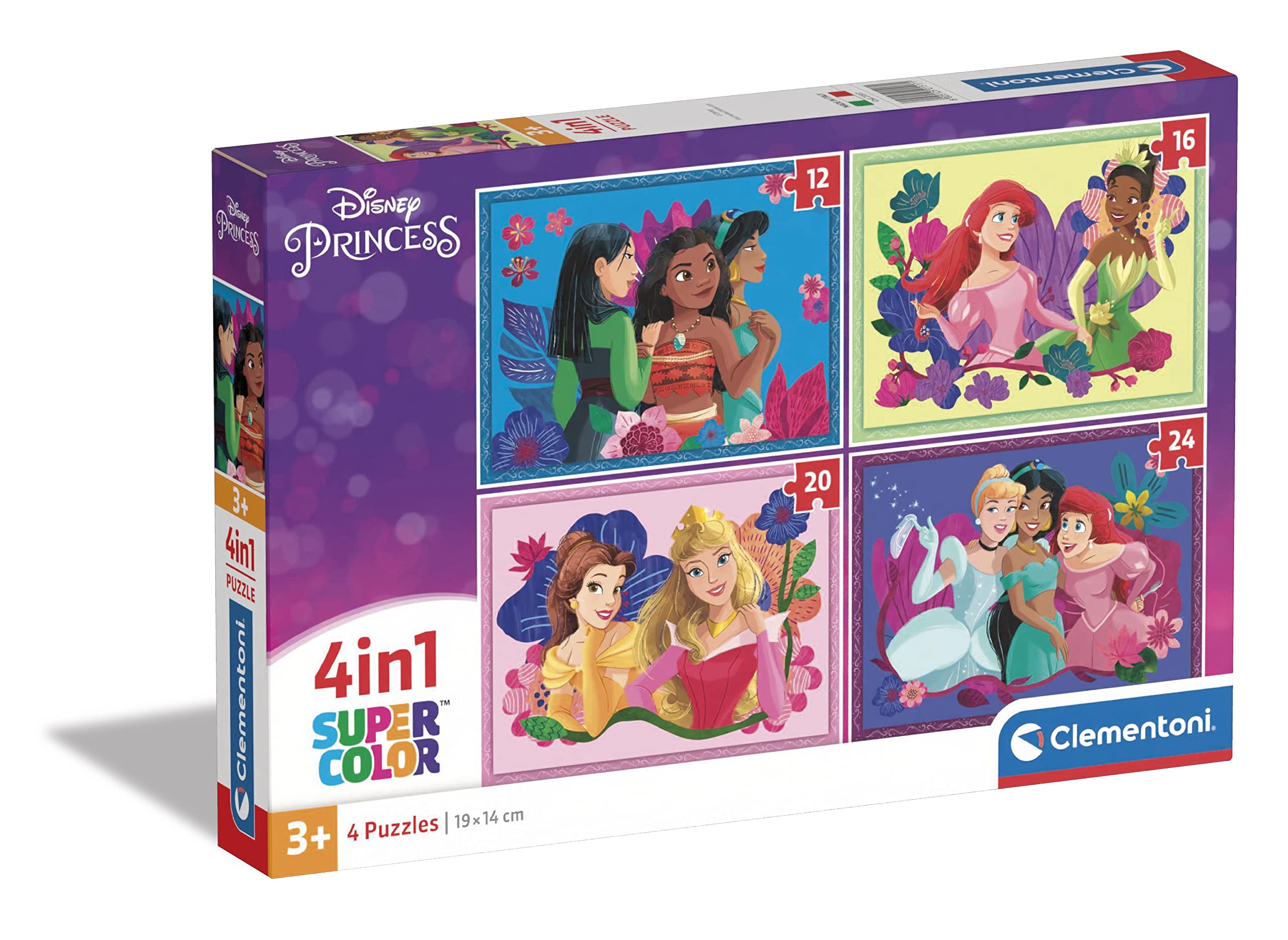 Clementoni - 21517-4 In 1 Supercolor Puzzle - Disney Princess - 12+16+20+24 Pieces, Jigsaw Puzzle For Kids Age 3, Puzzle Cartoon, Made In Italy