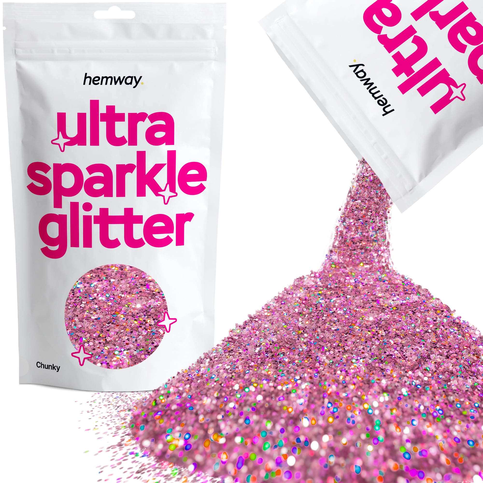 Hemway Ultra Sparkle Glitter Pink Holographic 100g Chunky | Glitter for Arts & Craft, Makeup, Nail Art, Crafting, Card Making, Sparkle Decoration