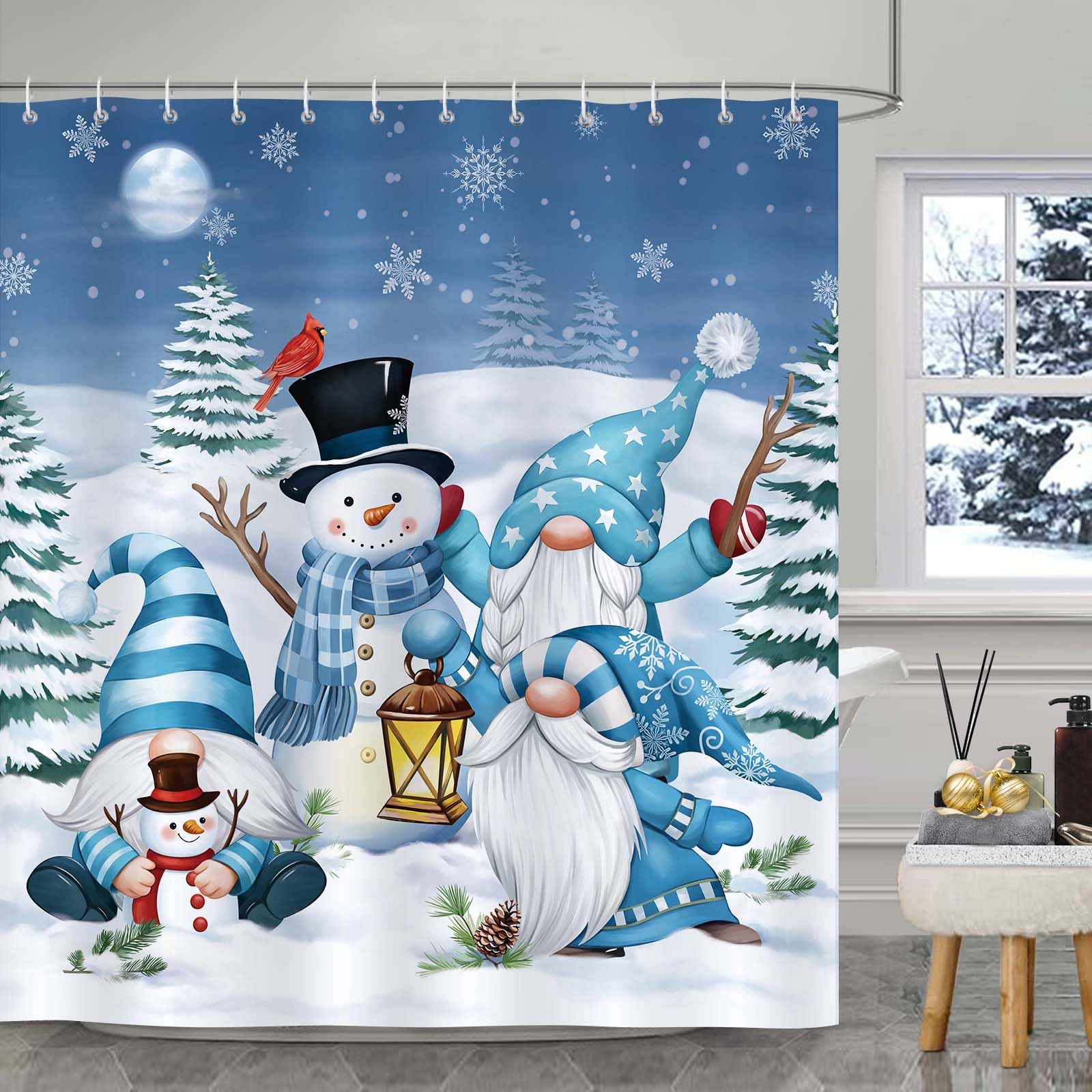 Bonhause Christmas Gnomes Snowman Shower Curtain, Winter Snowy Pine Tree Blue Bathroom Curtain 180 x 180 cm Waterproof Mildew and Mould Resistant Polyester Fabric Bath Curtain with 12 Hooks