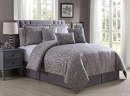 Amazon Com Zleep Bed 7 Piece Jacquard Metallic Silver Gray Floral