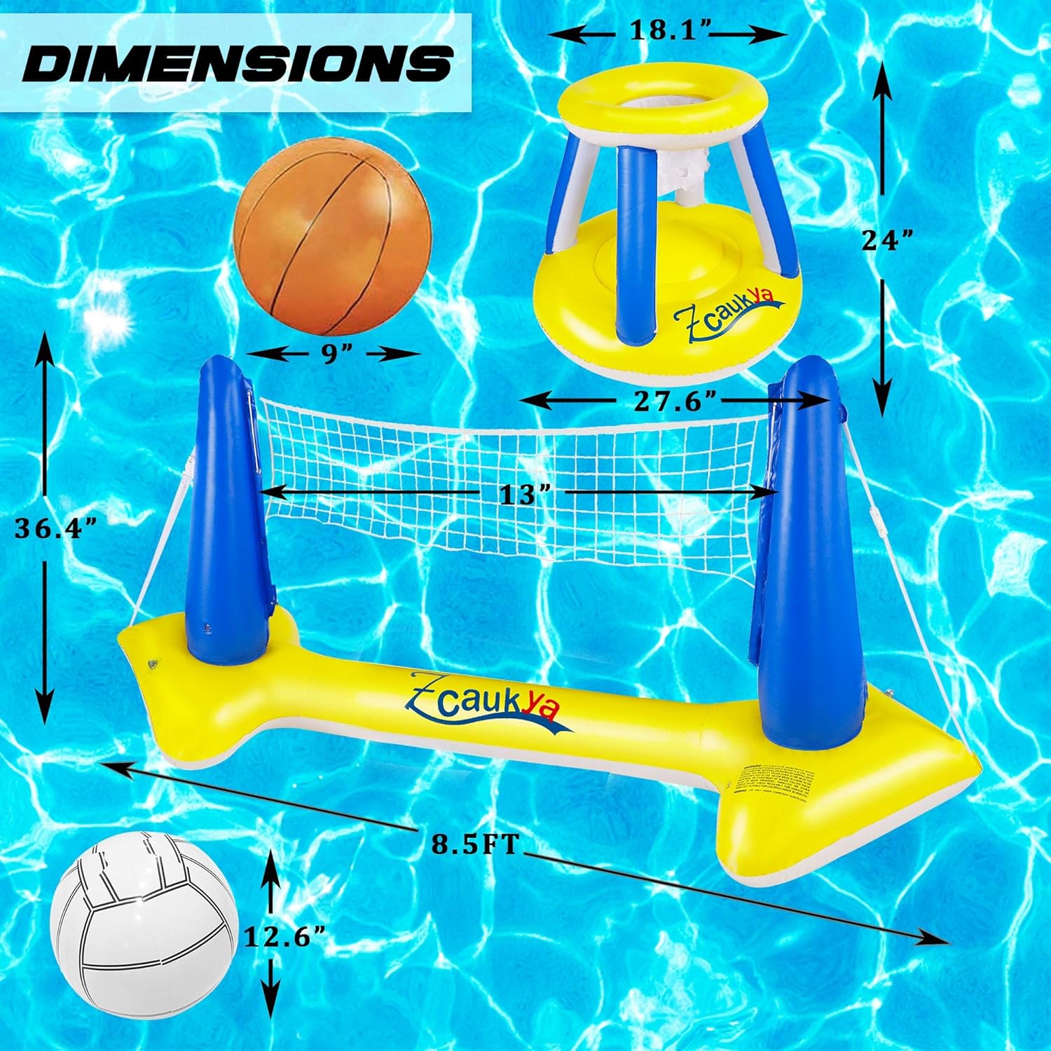 Zcaukya Inflatable Pool Float Set, Inflatable Volleyball Net & Basketball Hoop with Balls, Inflatable Pool Floating Volleyball Basketball Set Swimming Pool Games for Kids Adults: Toys & Games