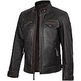 fjackets Real Lambskin Mens Leather Jackets - Quilted Cafe Racer Zip Up Moto Style Leather Jacket Men
