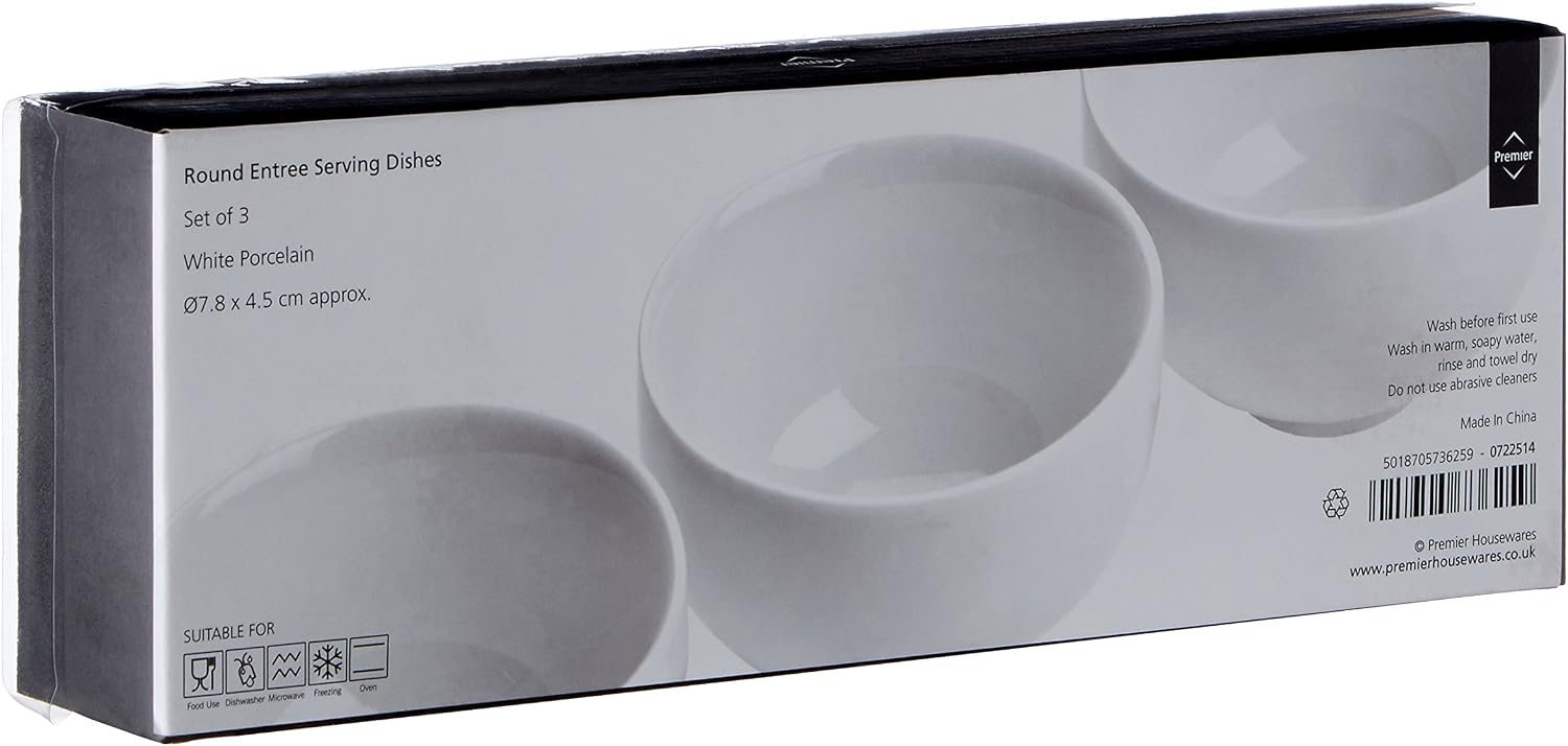 Premier Housewares Entre Serving Bowls - White Porcelain, Set of 3, H5 x W8 x D8cm - Image 4