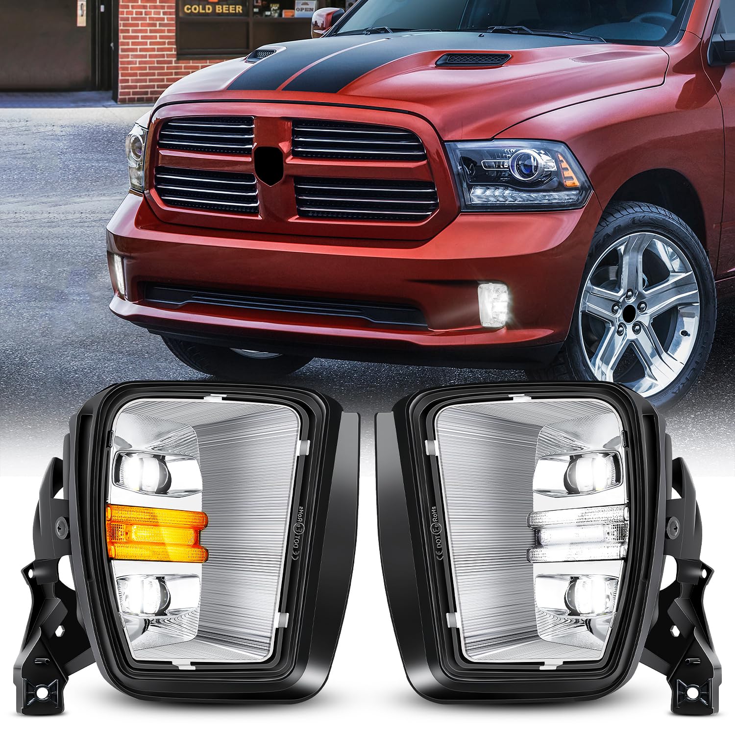 Photo 1 of FICOLPO LED Fog Lights With Daytime Running & Turn Signal for 2013-2018 Dodge Ram 1500 & 2019-2021 RAM 1500 Classic Pickup - OEM Bumper Driving Fog Lamps Replacement (White)