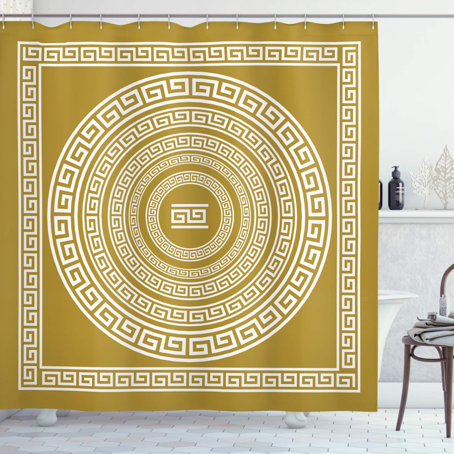 ABAKUHAUS Geometric Shower Curtain, Neo Classical Concept Boho Antique Look Lines and Rounds Square Print Monochrome, Cloth Fabric Bathroom Decor Set with Hooks, 78" Inches, Pale Amber White