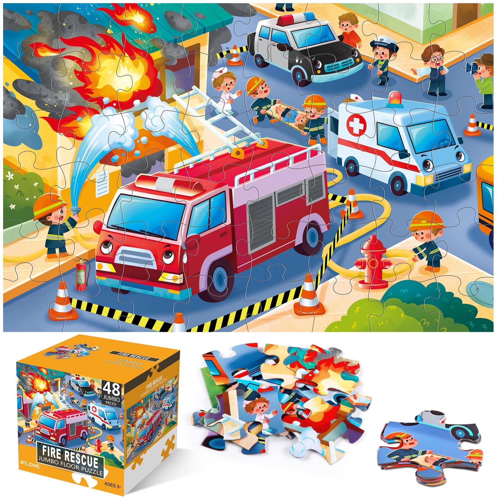 Photo 1 of Jumbo Floor Puzzle for Kids,Fire Rescue Jigsaw Large Puzzles,48 Piece Firefighter Fireman Fire Truck Puzzle for Toddler Ages 3-5,Children Learning Preschool Educational Toys,Gift for 4-8 Years Old