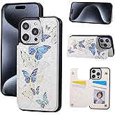 UEEBAI Wallet Case for iPhone 15 Pro Max with Card Holders, PU Leather Cover Kickstand RFID Blocking Double Magnetic Clasp Rilievo Flower Shockproof Flip Case for Women Girls - Blue Butterfly