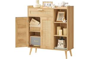 usikey Storage Cabinet with Rattan Doors, Rattan Sideboard Cabinet with 1 Large Drawer, 2 Doors & 3 Shelves, Freestanding Storage Cabinet, Kitchen Cupboard for Living Room, Kitchen, Hallyway, Nature