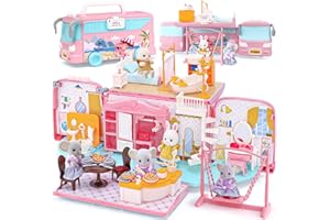 Golray Doll House Playset for Girls Toys, Miniature Pretend Play Dollhouse, 2 in 1 Portable Foldable Camper Toy Car with Figure Furniture Accessories, Kid Travel Toy Gift for Girl Toddler Age 3 4 5 6
