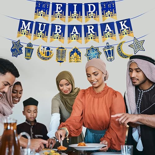 Eid Mubarak Banner & Decorations - Gold Dust Cardboard Bunting Garland For Home, 42 Inch String - View #6