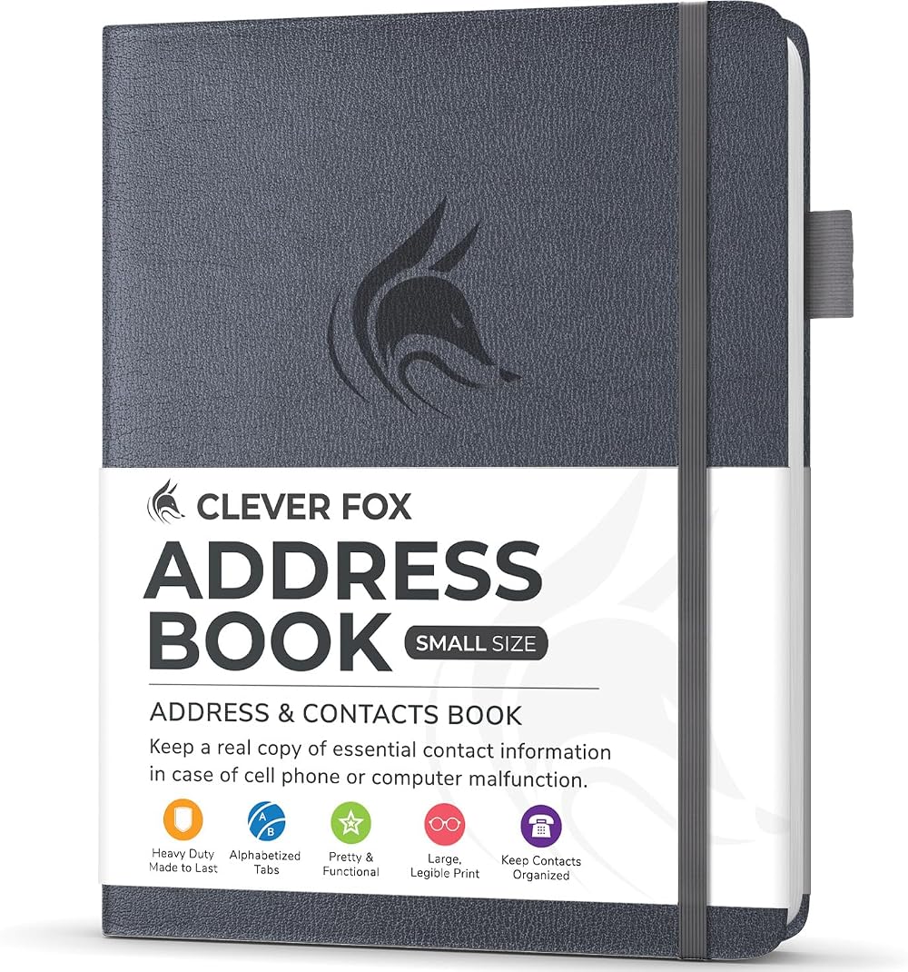 Clever Fox Address Book PU Leather with Alphabetical Tabs 10.5x14cm Silver Black
