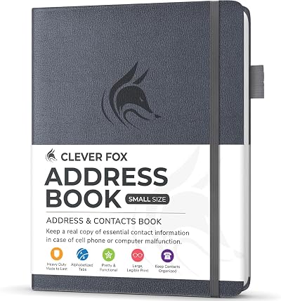 Clever Fox Address Book PU Leather with Alphabetical Tabs 10.5x14cm Silver Black
