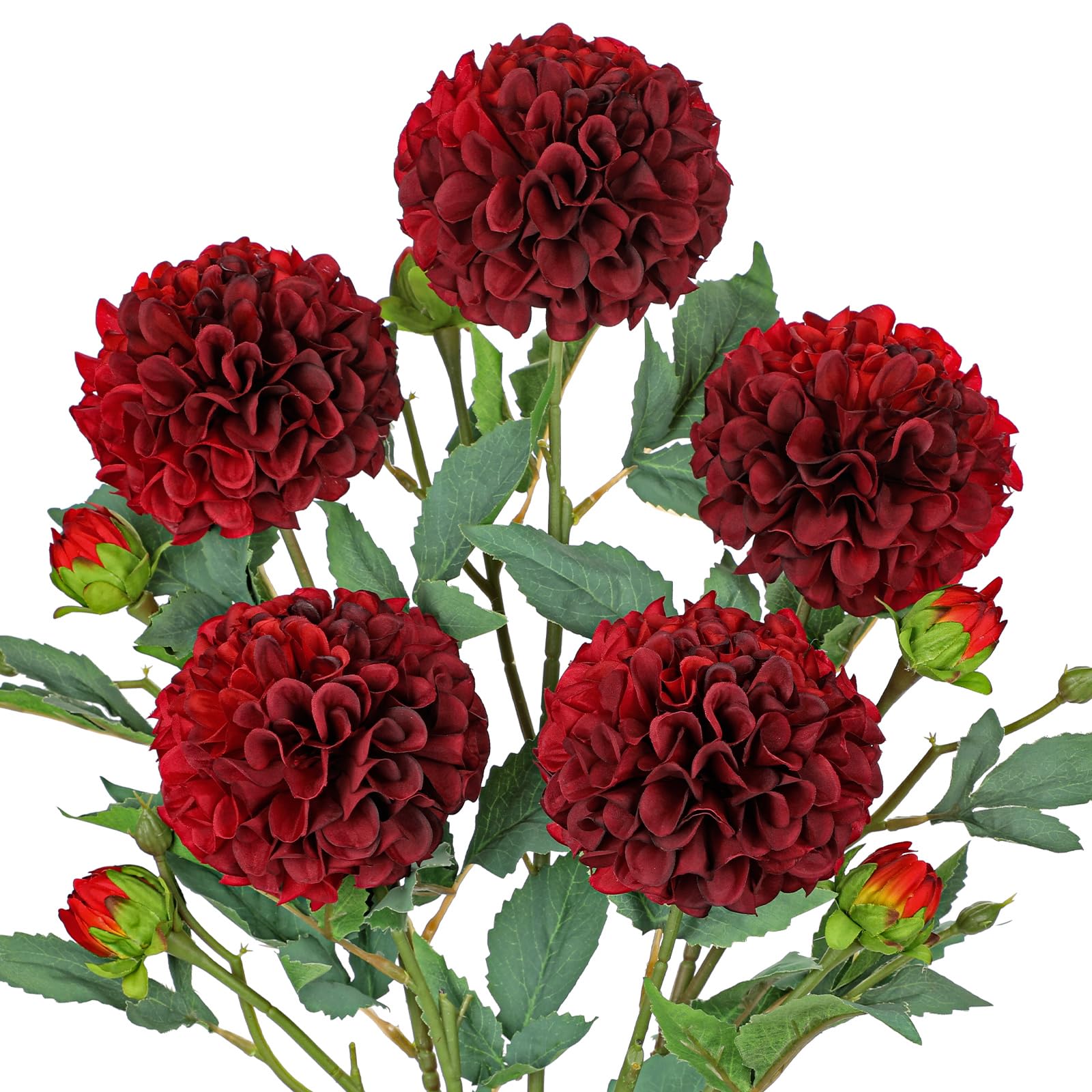 Photo 1 of Hollyone 5PCS Dahlia Fall Flowers Artificial for Decoration 24.8" Red Fake Ball Dahlias Autumn Silk Flowers Arrangements Faux Roses Flower with Stems Bouquets Centerpieces Fall Decorations for Home