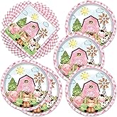 Frypeas 40pcs Farm Animals Party Supplies Plates and Npakins Farm House Animal Barnyard Theme Birthday Party Decorations Pink Barn Animal Baby Shower Tableware Sets