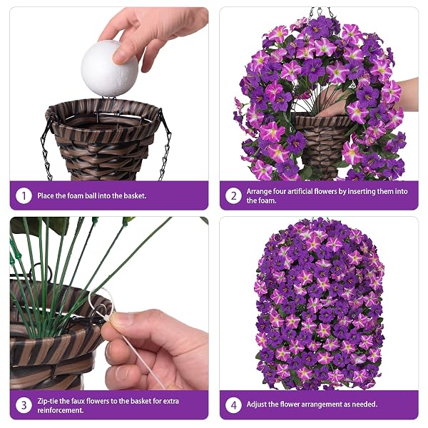 HYEFLORA ARTIFICIAL FLOWERS WITH BASKET FOR OUTDOORS, 3PCS FAUX HANGING MORNING GLORY SILK FAKE FLOWERS LIFELIKE PLANTS UV RESISTANT FLOWERS FOR OUTSIDE PLANTER PATIO GARDEN PORCH DECOR (PURPLE RED)