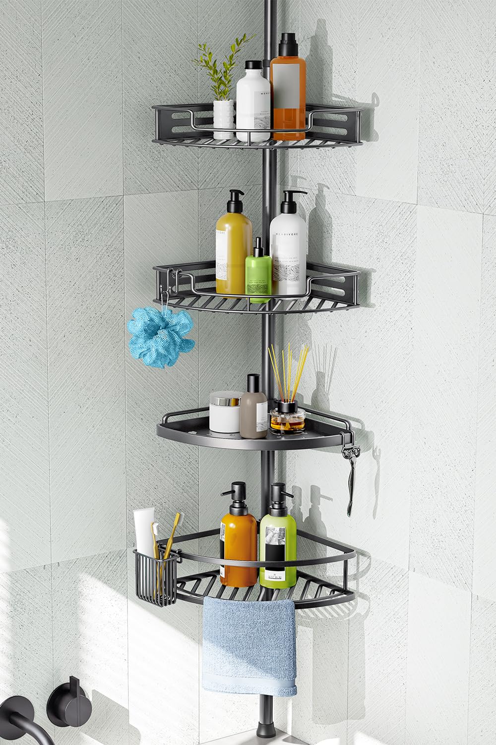 HAMITOR Corner Shower Caddy Tension Pole: Quick Installation 4-Tier Rustproof Bathroom Organizer Shelves for Bathtub Shampoo Storage - 47-121 inch Adjustable Floor Standing Bath Rack Holder Gray