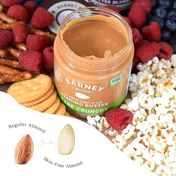 BARNEY BUTTER ALMOND BUTTER, BARE CRUNCHY, 10 OUNCE JAR, NO ADDED SUGAR OR SALT, SKIN-FREE ALMONDS, NO STIR, NON-GMO, GLUTEN FREE, KETO, PALEO, VEGAN