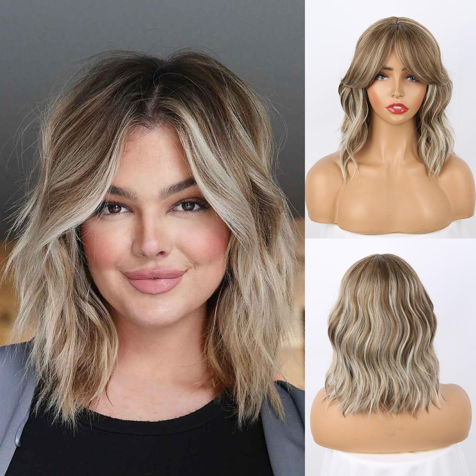 Photo 1 of Short Ombre Highlight Honey Blonde Wavy Bob Wig with Curtain Bangs,Short Ombre Highlight Ash Brown Mixed Golden Blonde Curly Wavy Wig Light Brown Bob Shoulder Length 14inch