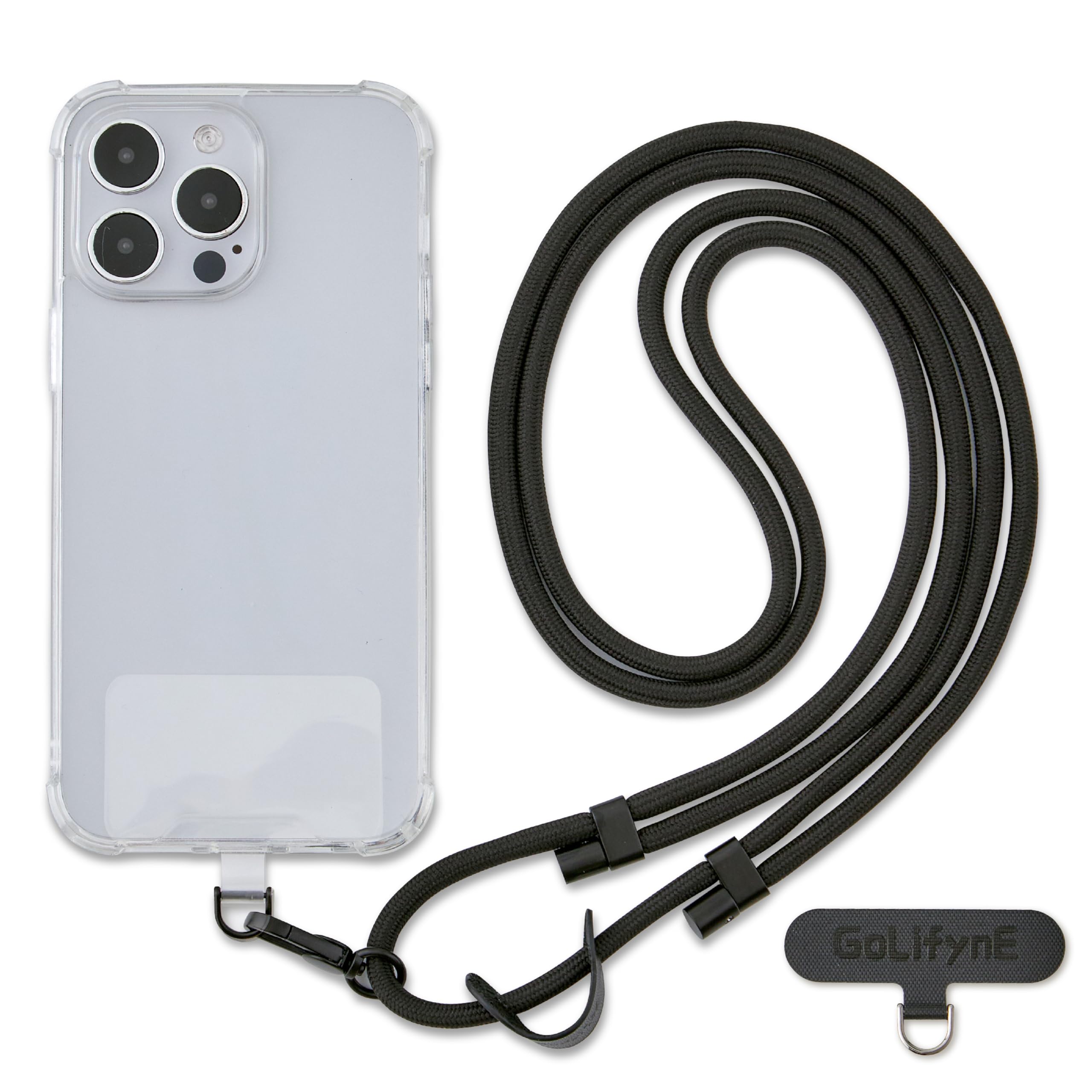 Photo 1 of Golifyne Universal Phone Lanyard, Anti-Theft Crossbody Strap for iPhone 16 Pro Max and Most Smartphones, Adjustable Cell Phone Neck Holder w/ 2 Non-Adhesive Tether Tabs for Men and Women, Black/Black