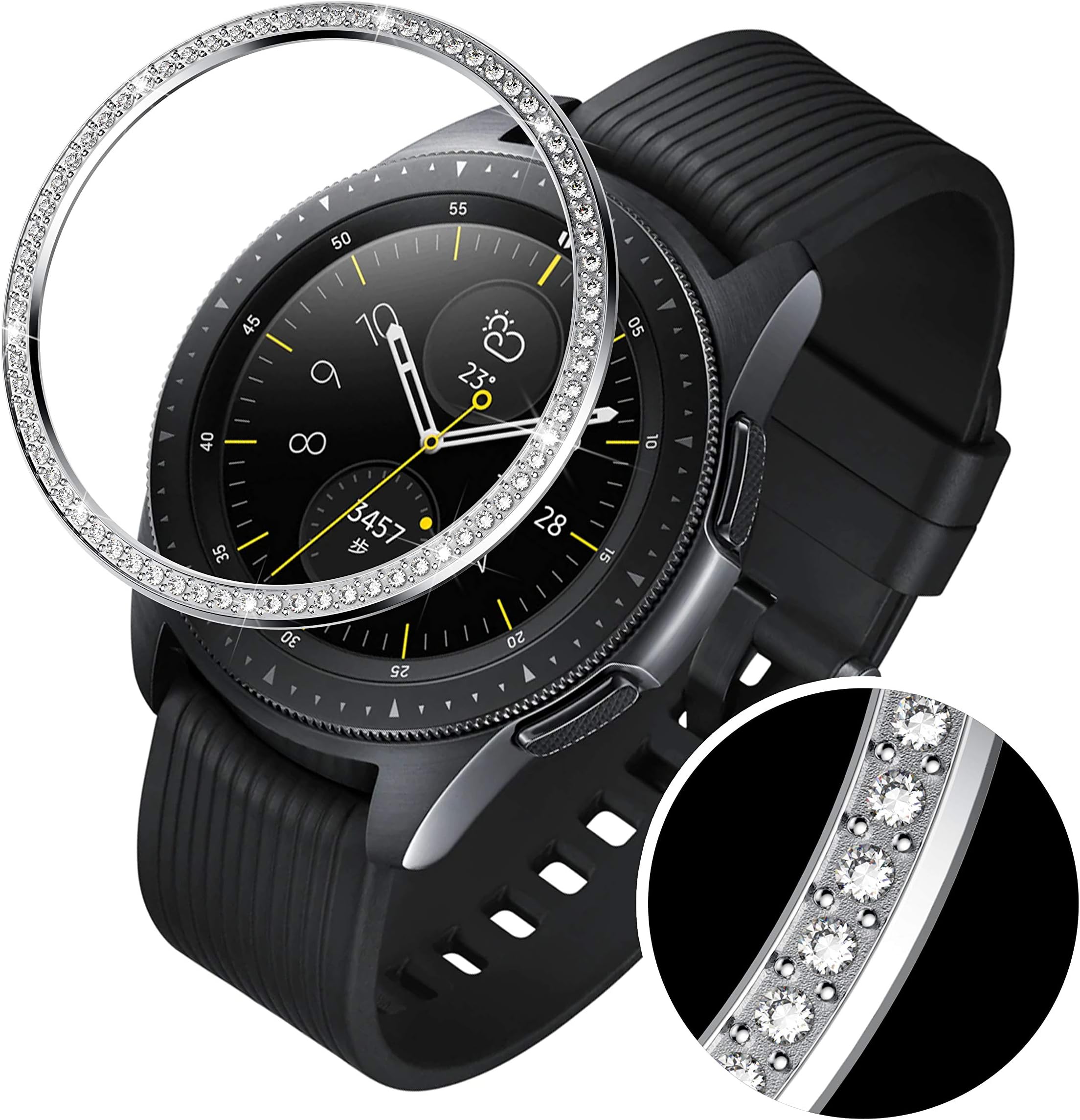 GELISHI Stainless Steel Bezel Ring Compatiable Galaxy Watch 42mm/Gear Sport, Sparkling 72 Crystal Diamond Bezel Cover Adhesive Anti Scratch & Collision Protector for Galaxy Watch Accessory - Silver