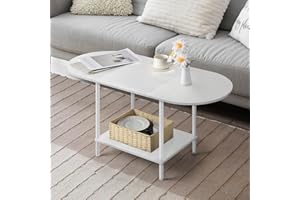 SHINOSKE White Coffee Tables for Living Room,2-Tier Small Coffee Table Industrial Modern Oval Center Table with Storage Shelf and Wood Tabletop,for Small Space,Home Office