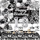 Miidenks 18th Birthday Decorations Set for Boy Girl, Black Silver Happy 18 Party Decor with Backdrop, Banner, Tablecloth, 18 Number Foil Balloons for Her Him