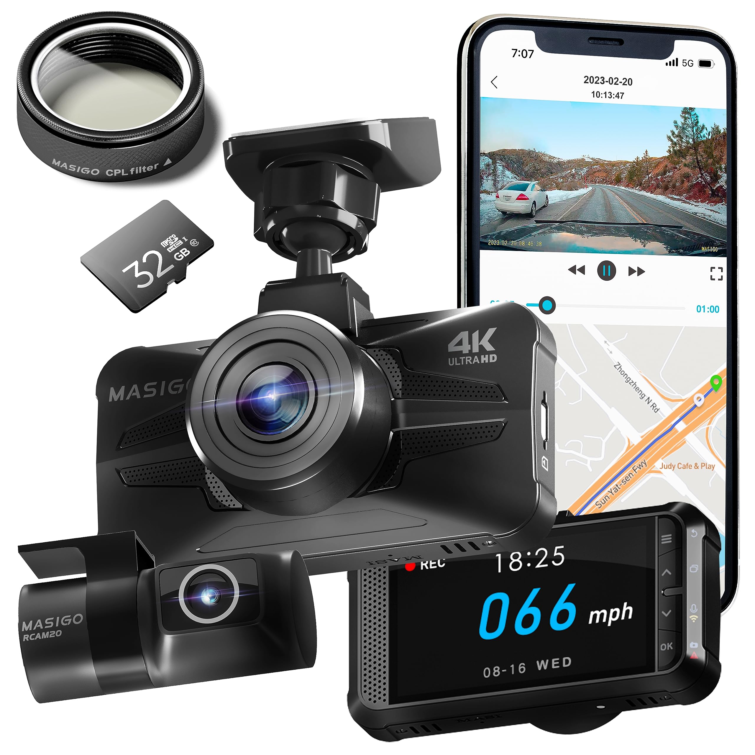 MASIGO 4K Dash Cam Front and Rear, Built-in GPS, 5G WiFi Dash Camera for Cars, 2160P UHD 30fps + Full HD 1080P Dashcam with APP, 3” IPS Screen, Night Vision, HDR, Ultra Wide Angle, 24hr Parking Mode