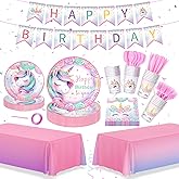 171Pcs Unicorn Birthday Party Supplies with Plates Cups Napkins Cutlery, Unicorn Birthday Decorations with Unicorns Banner and Tablecloths, 24 Serves Pink Disposable Tableware for Party Decor