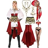 Fourluoo 10 Pcs Women Pirate Costume Accessories Halloween Pirate Outfit Adult with Head Scarf Skirt Nose Ring Necklace Earrings Bracelets Rings Thigh Garter Gold Coins Belly Dance Hip Scarf Pantyhose