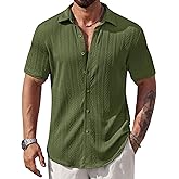 VOGSTART Mens Summer Textured Shirts Short Sleeve Casual Button Down Shirt Beach Vacation Tops (S-XXL)