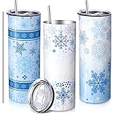 Newtay 3 Pcs Christmas Tumbler with Straw Lid 20 oz Blue Winter Snowflakes Stainless Steel Double Walled Insulated Travel Coffee Cup for Xmas Winter Holiday Birthday Party Gifts