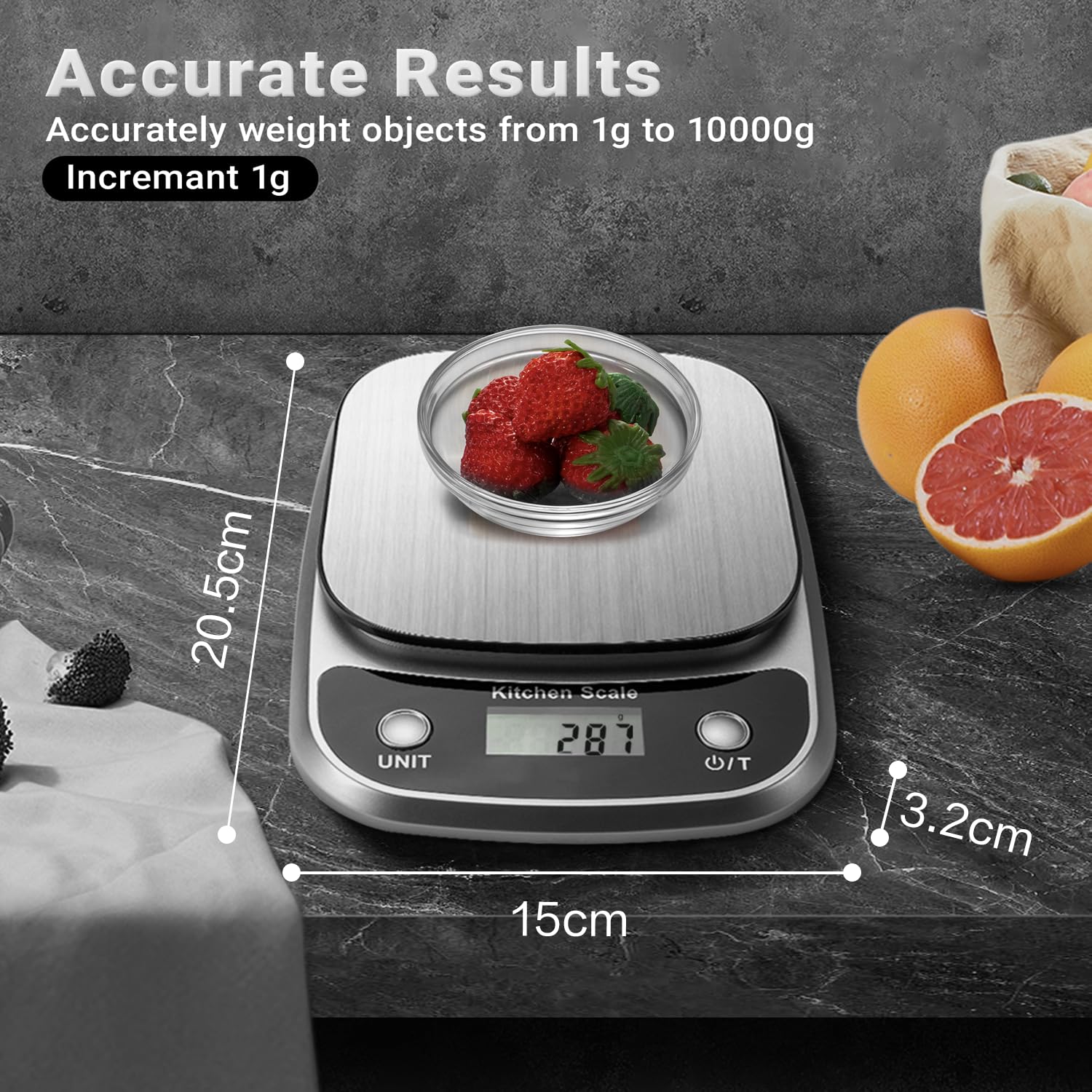 GRAM PRES Lebensmittel Küchenwaage Digital Gewicht Gramm und Oz, Professionelle digitale Küche Lebensmittelwaage 10kg/1g für Gewichtsverlust Diät Backen Kochen, Edelstahl Wiegeplattform, LCD-Display 2