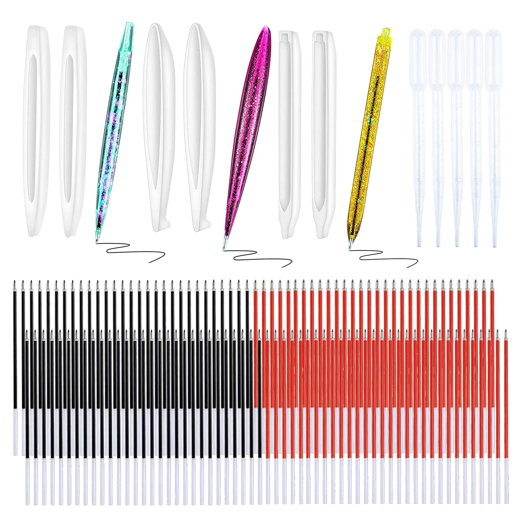 Woohome 111 PCS Pen Molds Epoxy Resin Molds, 6 PCS Pen Resin Silicone Molds with 100 PCS Black and Red Ballpoint Refill Pens and 5 PCS Plastic Droppers for DIY Resin Crafts Making
