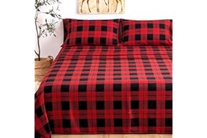 Queen Size Christmas Bed Sheets Set 4PC - Soft Warm 1800 Thread Count Brushed Red Black Plaid Sheet, 8-17'' Deep Pocket Winte