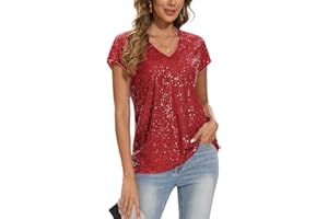LADI TREND Women's Sparkly Sequin Tops Cap Sleeve Glitter Dressy Blouses V-Neck Club Party Tops