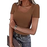 PRETTYGARDEN Scoop Neck Tops for Women 2026 Summer Basic Tees Trendy Short Sleeve Shirts Spring Casual Fitted Ribbed Tops