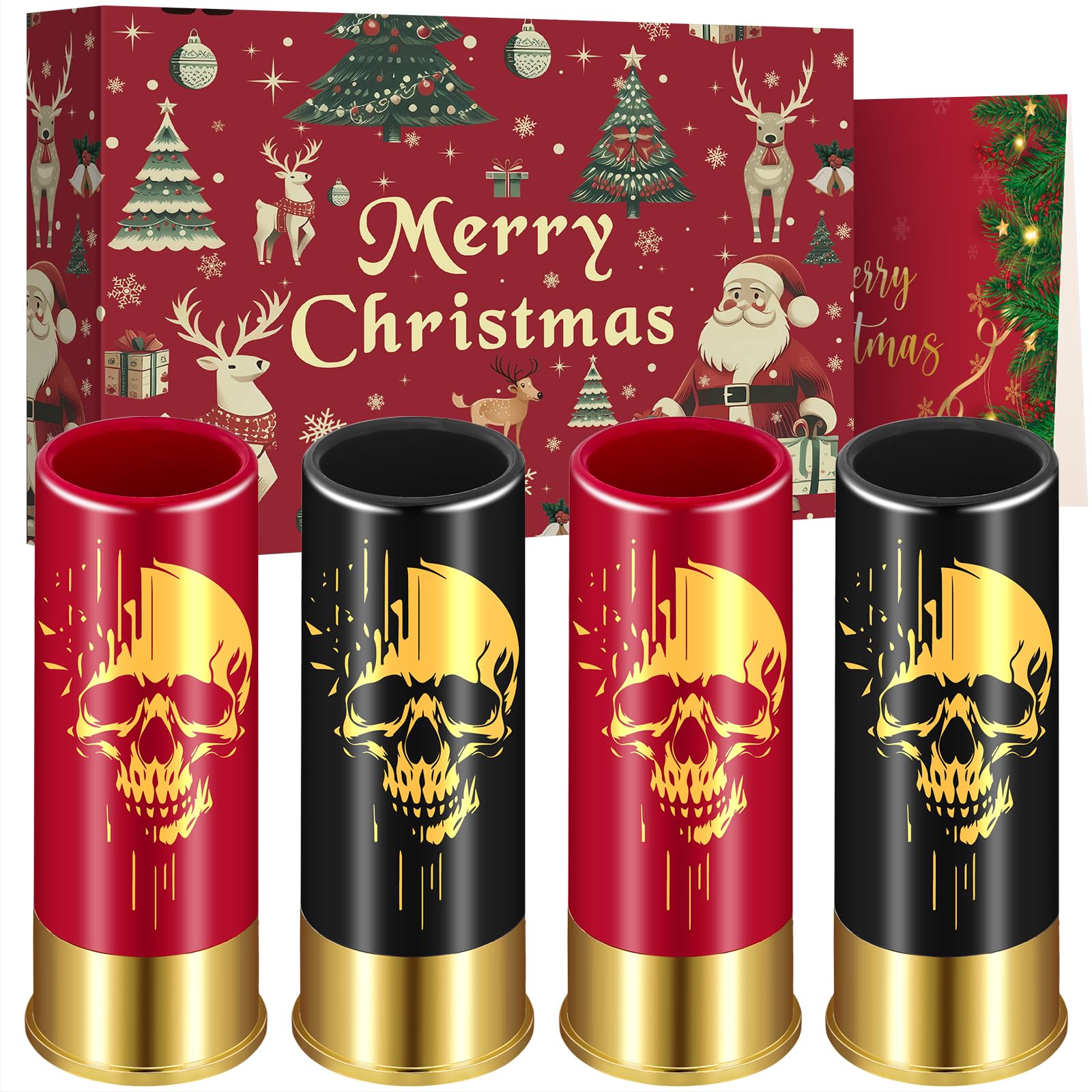 Skull Plastic Shot Glasses, Set of 4 with ChristmasGift Box, Gothic Gifts, Novelty Shot Glasses for Men Women Wedding Party Gifts, 12GA Small Bullet Shot Cups for Whiskey Vodka Liquor, Black+Red