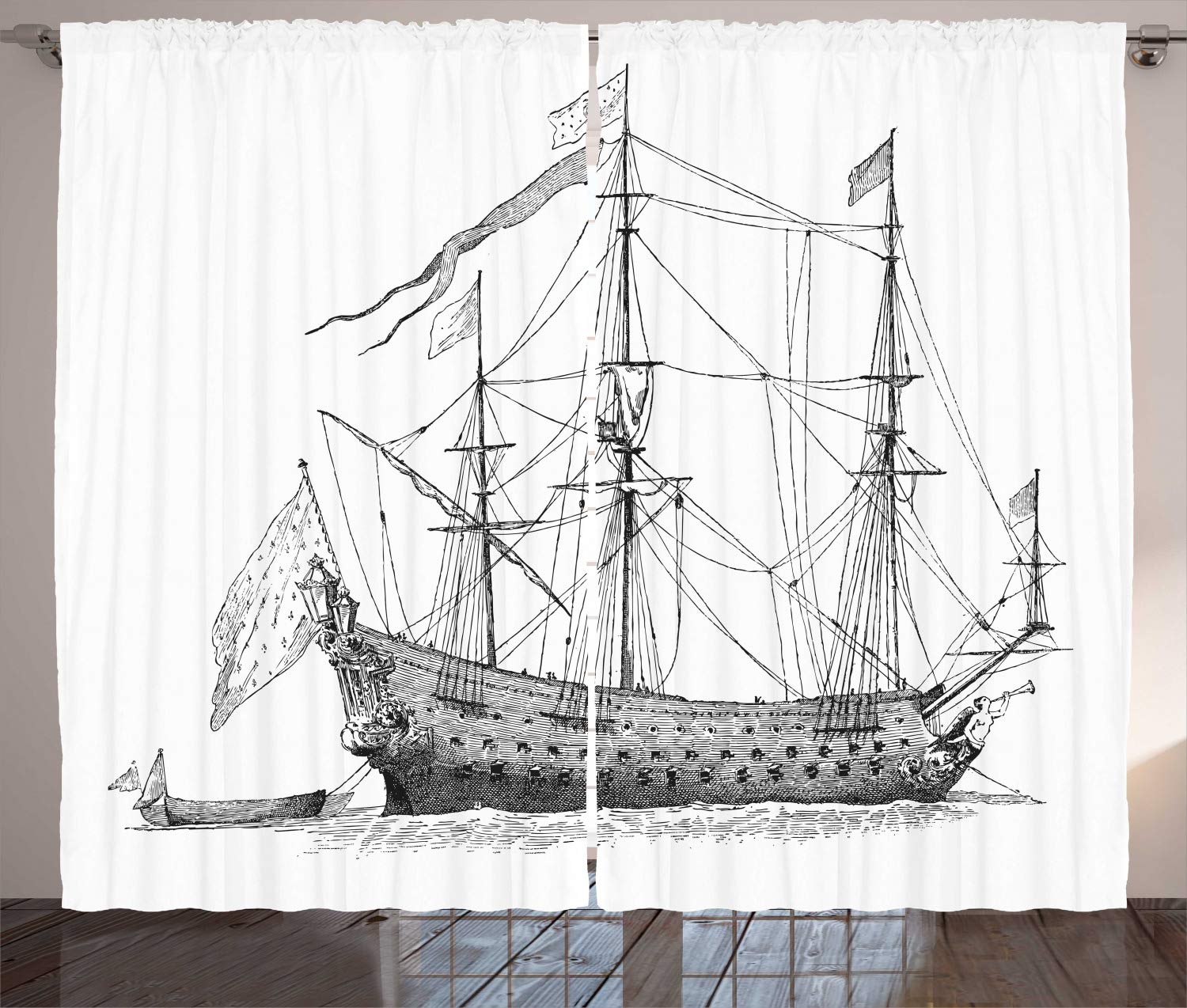 ABAKUHAUS Nautical Party Curtains, Vintage Illustration of Sketchy Hand Drawn Silhouette of a Ship, Living Room Bedroom Window Drapes 2 Panel Set, 102 L X 110 W, Charcoal Grey and White