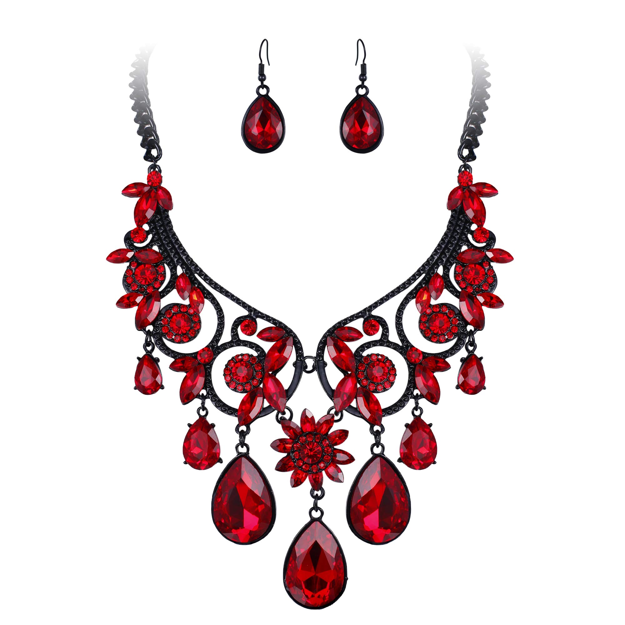 Clearine Halloween Jewellery Tribal Ethnic Diamante Crystal Gemstone Wedding Bridal Costume Chunky Statement Necklace Dangle Earrings Jewellery Set Ruby Color Black-Tone