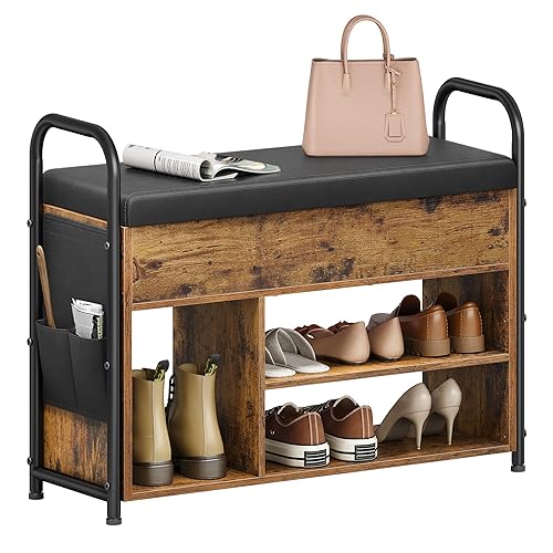 VASAGLE Shoe Storage Bench, Shoe Rack, Entryway Furniture, Inner Storage Under the Lid, PU Pockets, Convenient Handles, for Entryway, Living Room, Bedroom, Rustic Brown and Ink Black LSB052K02