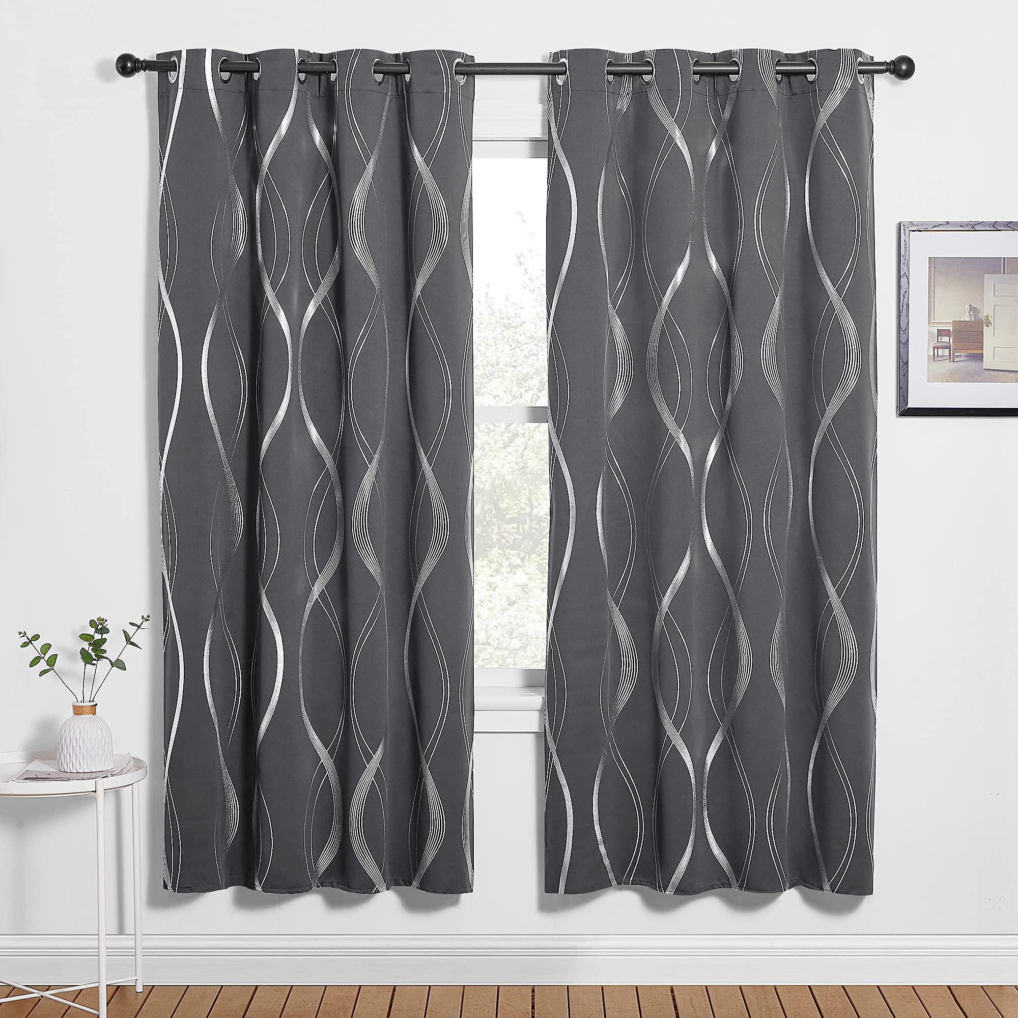 PONY DANCE Grey Curtains - 72 Drop Foil Blackout Curtains with Silver Wave Line Print, Thermal Blackout, for Living Room/Bedroom, 46 Inches Wide, 2 Pcs