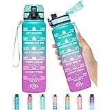Elvira 32oz Motivational Fitness Sports Water Bottle with Time Marker & Removable Strainer,Fast Flow,Flip Top Leakproof Durab