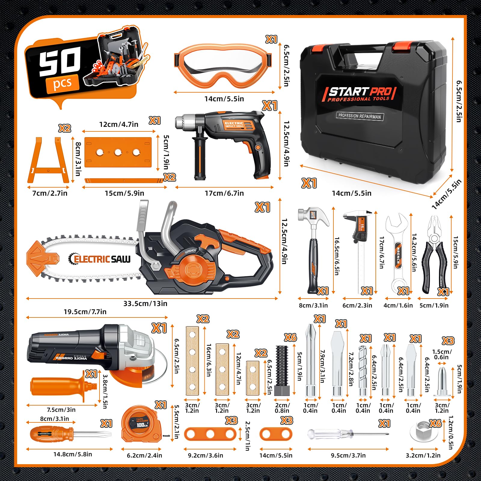 Charmofun Werkzeugkoffer Kinder, Werkzeug Set Kinder mit MotorsäGe & Elektrische Bohrmaschine & Winkelschleifer, Rollenspiel Spielzeug Ab 3 4 5 6 7 8 Jahre Jungen MäDchen (50 Pieces) 9