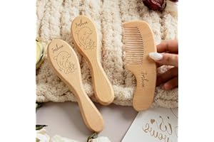 3 Pcs Set Personalized Baby Hairbrush And Comb, Custom Wooden Goat Soft-bristle Infant Brush With Name & Pattern, Cradle Cap 
