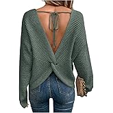 Verdusa Women's Open Back Sweater Waffle Pullover Knit Tops Twist Tie Cropped Sweaters Dailywear