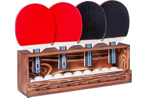 humberboat Ping Pong Paddle Storage Rack, Wall-Mount Table Tennis Paddle Display Holder for 4 Paddles and Ball Storage Shelf, Pine-Wood Ping Pong Rack for Game Room, Bar, Garage, Office, Home