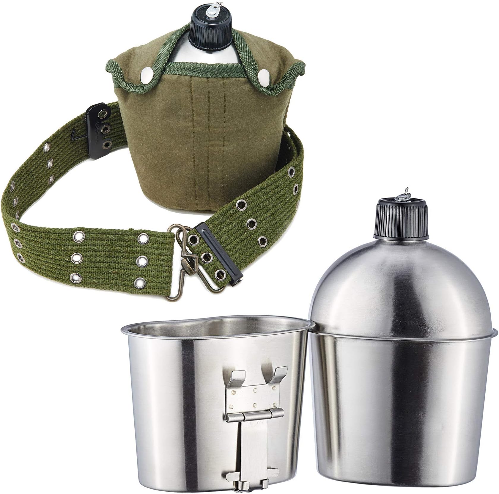 Fithalt G.I. Military Canteen Stainless Steel Army with Cup & Green Nylon Cover Waist Belt for Camping/Hiking