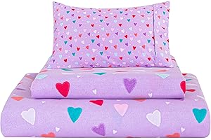 Viviland 3 Pieces Girls Purple Twin Sheet Set - Soft Microfiber Fitted Flat Sheets & Pillowcase - Colorful Hearts Printed Bedding Sets - for Kids & Toddlers