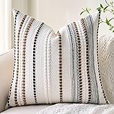 Farmhouse Throw Pillow Covers 18x18 Boho Decorative Accent Pillows Textured Woven Striped Decorative Cushion Cases - White and Brown Bohemian Pillow Cases for Couch Sofa Bed Living Room,Pack of 1