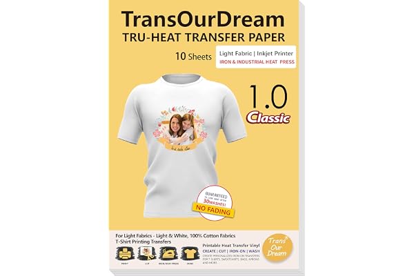 TransOurDream Tru-Iron on Heat Transfer Paper for Light Fabric (10 Sheets, 8.5x11) Iron-on Transfers Paper for White and Ligh